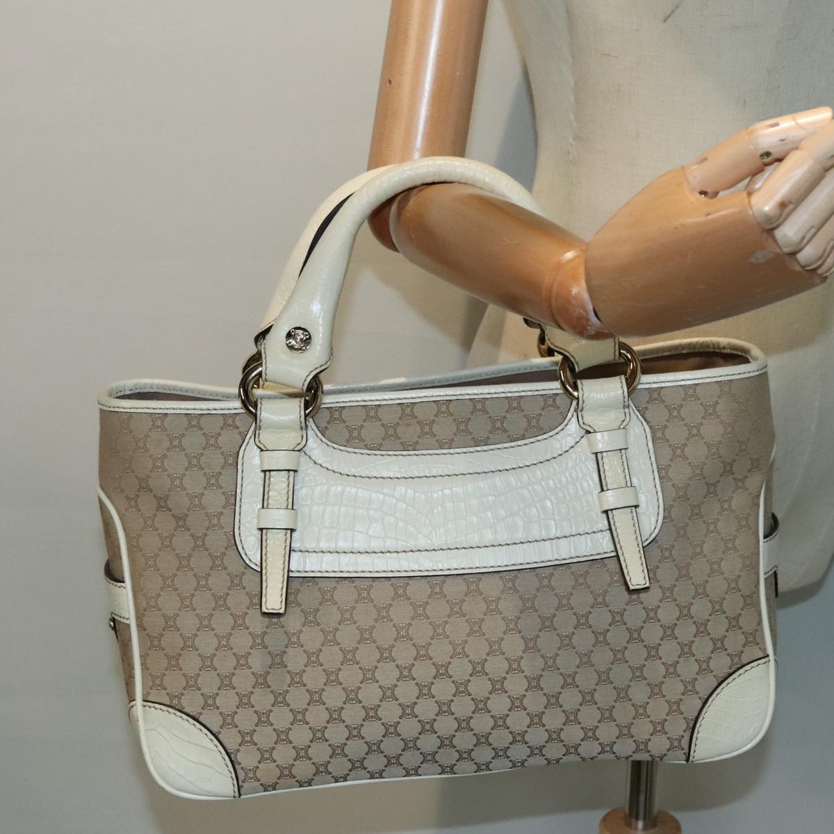 CELINE Boogie bag Hand Bag Canvas Beige Gold Auth bs18771