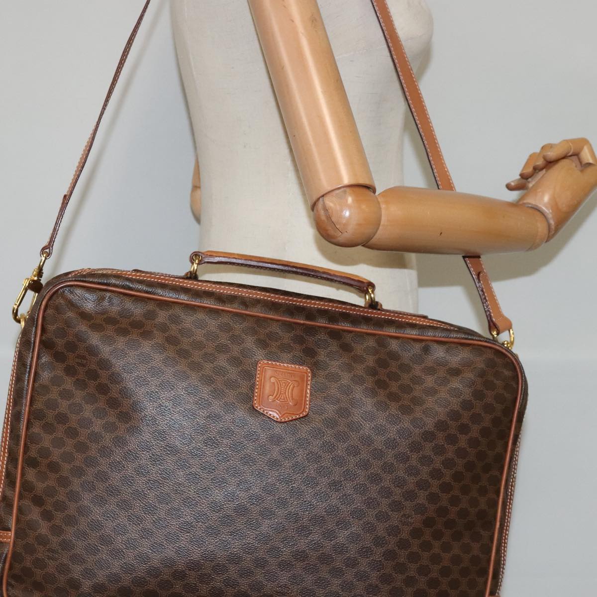 CELINE Macadam Canvas Hand Bag PVC Leather 2way Brown Gold Auth bs18774