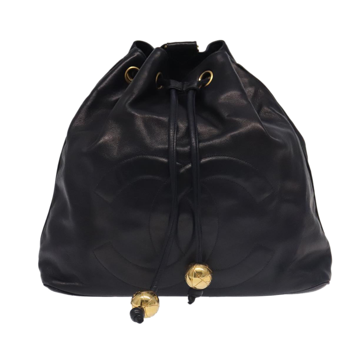 CHANEL COCO Mark Chain Backpack Lamb Skin Navy Gold CC Auth bs18827