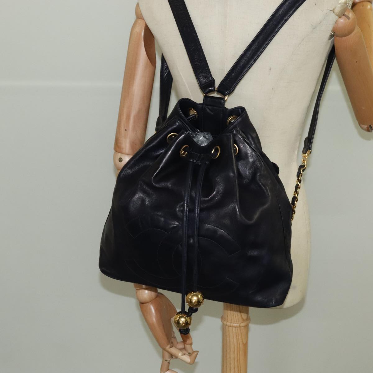 CHANEL COCO Mark Chain Backpack Lamb Skin Navy Gold CC Auth bs18827