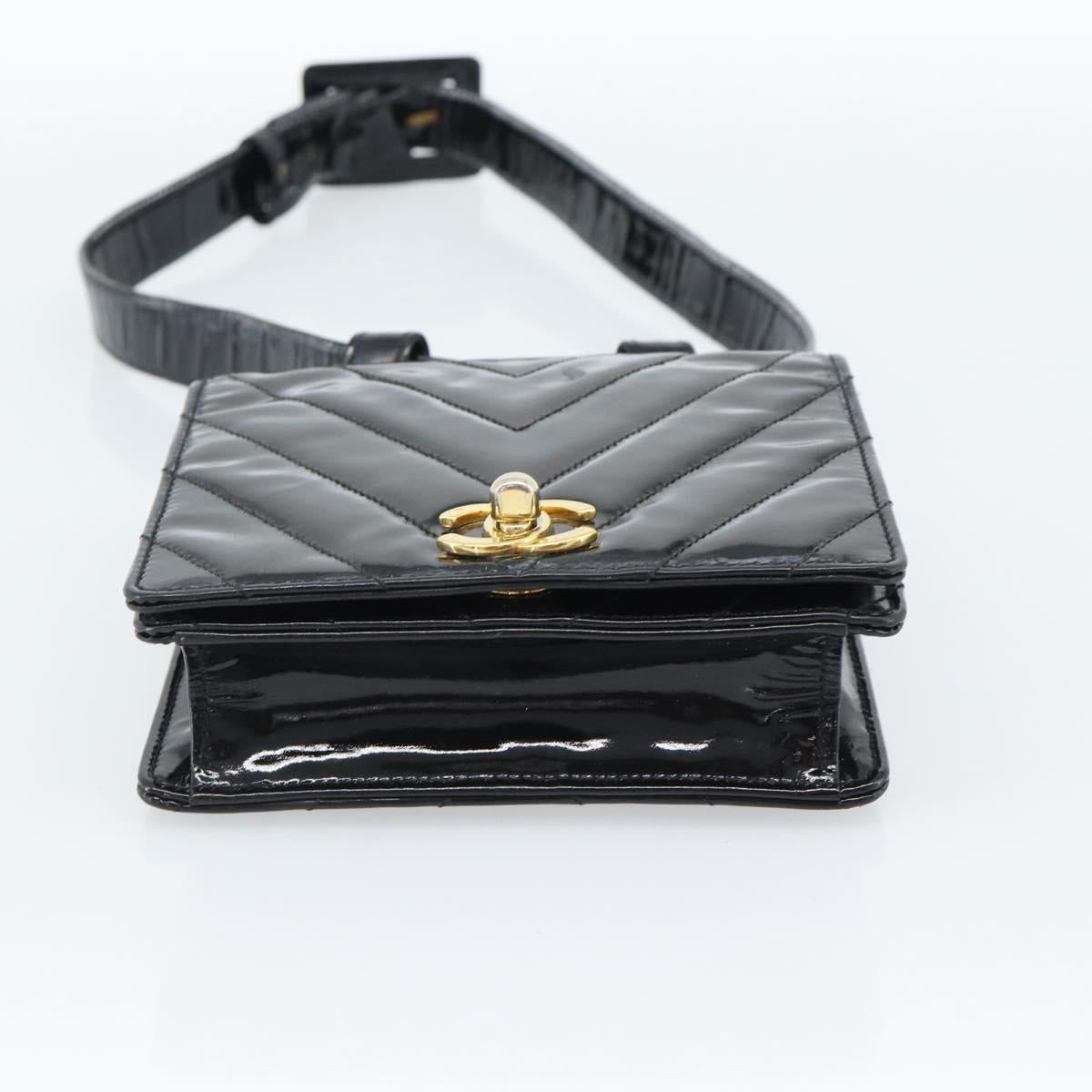 CHANEL V Stitch Waist bag Patent leather Black Gold CC Auth bs18829