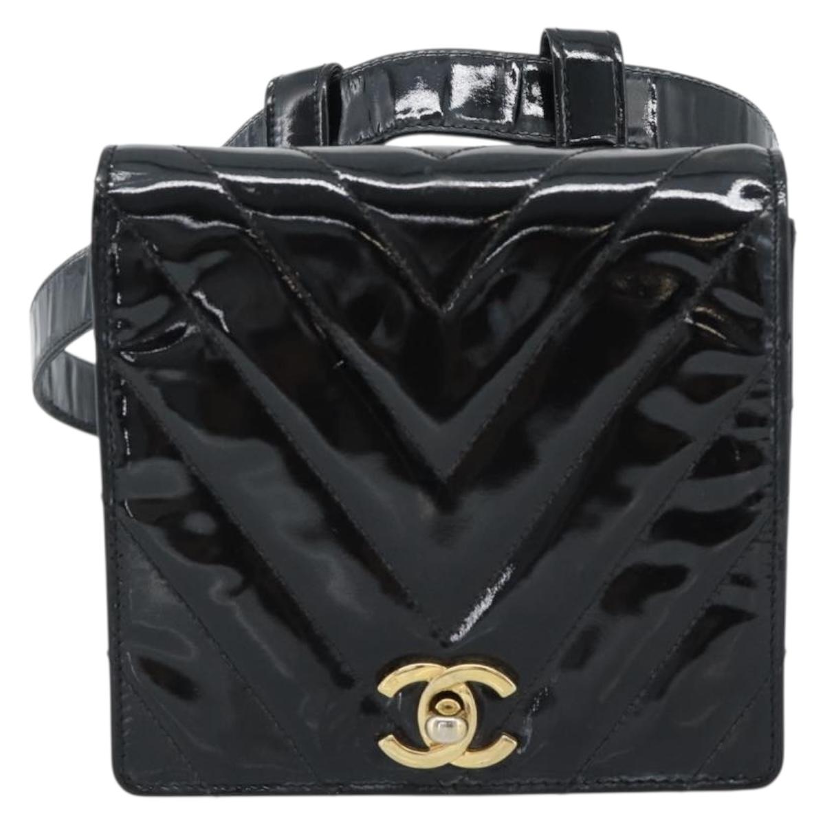 CHANEL V Stitch Waist bag Patent leather Black Gold CC Auth bs18829