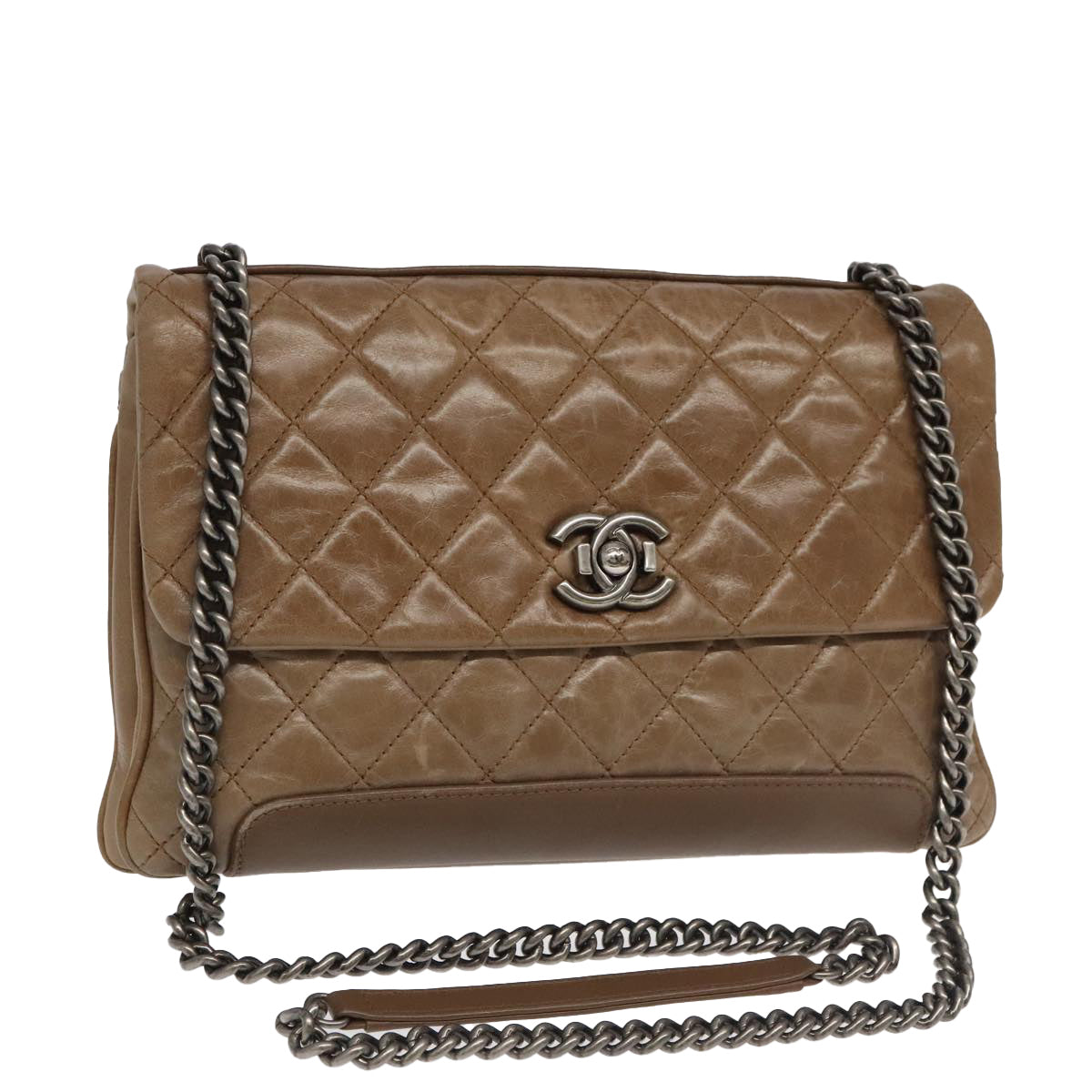 CHANEL Matelasse Boy Chanel Chain Bag Leather Brown Silver CC Auth bs18832A