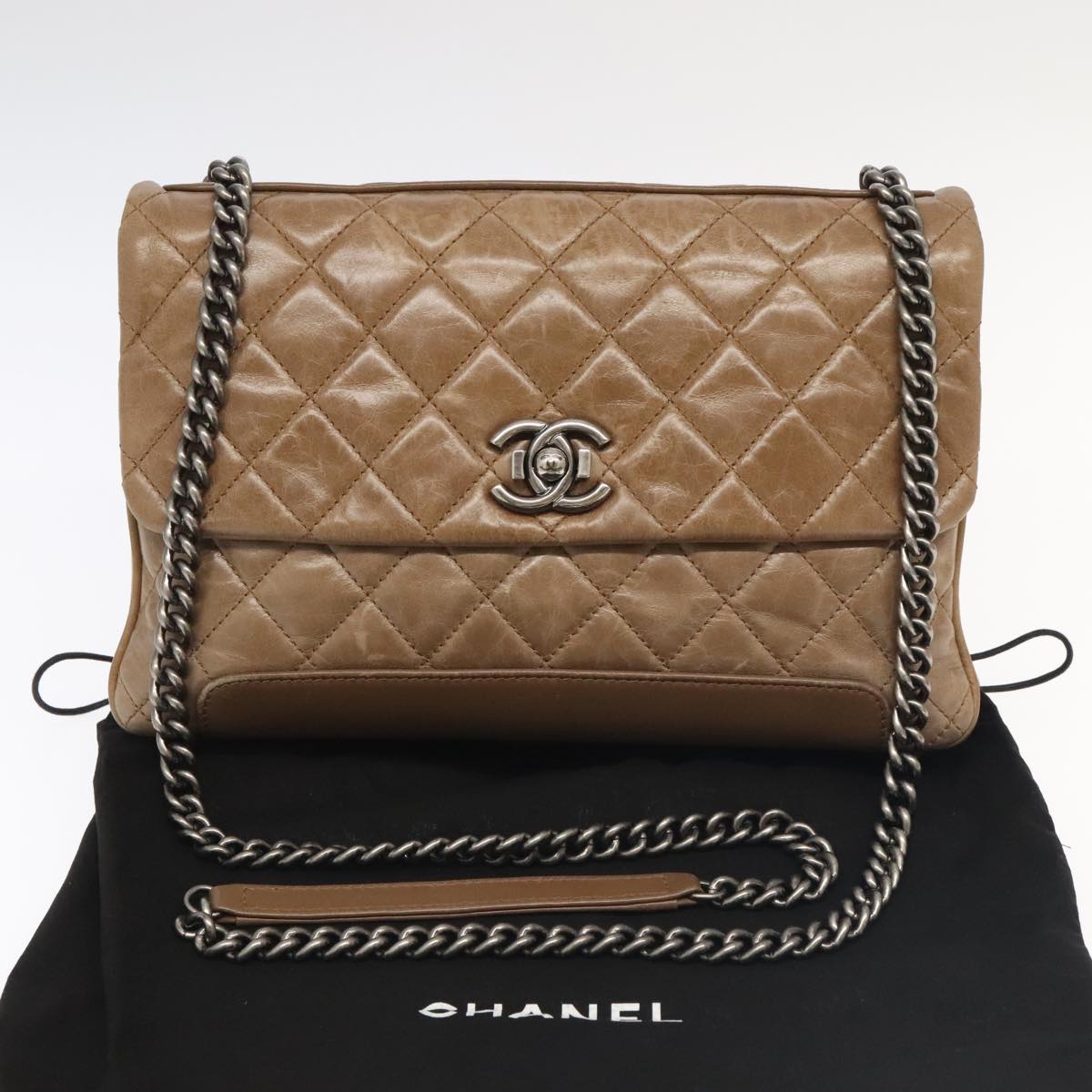 CHANEL Matelasse Boy Chanel Chain Bag Leather Brown Silver CC Auth bs18832A