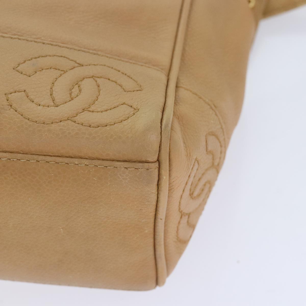 CHANEL Chain Shoulder Bag Calf Skin Beige Gold CC Auth bs18835