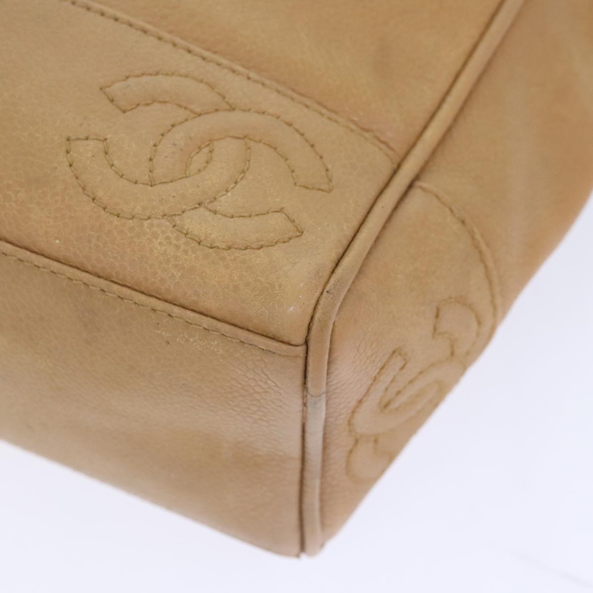 CHANEL Chain Shoulder Bag Calf Skin Beige Gold CC Auth bs18835