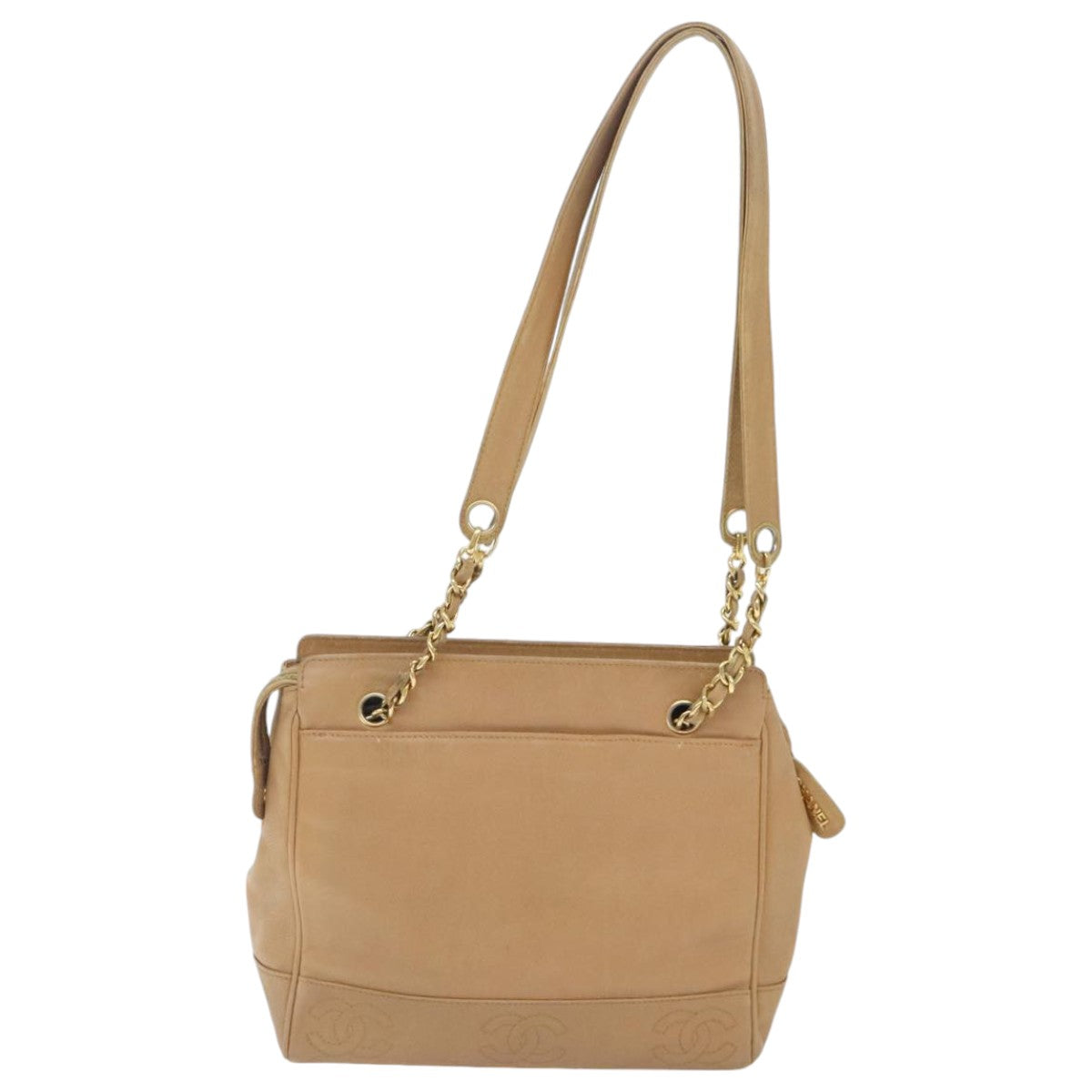 CHANEL Chain Shoulder Bag Calf Skin Beige Gold CC Auth bs18835