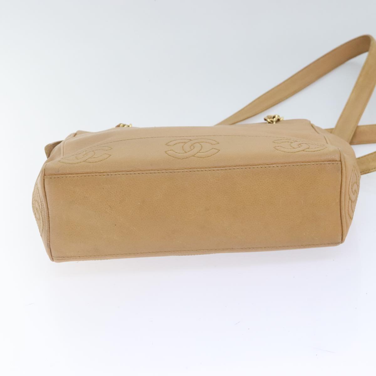 CHANEL Chain Shoulder Bag Calf Skin Beige Gold CC Auth bs18835