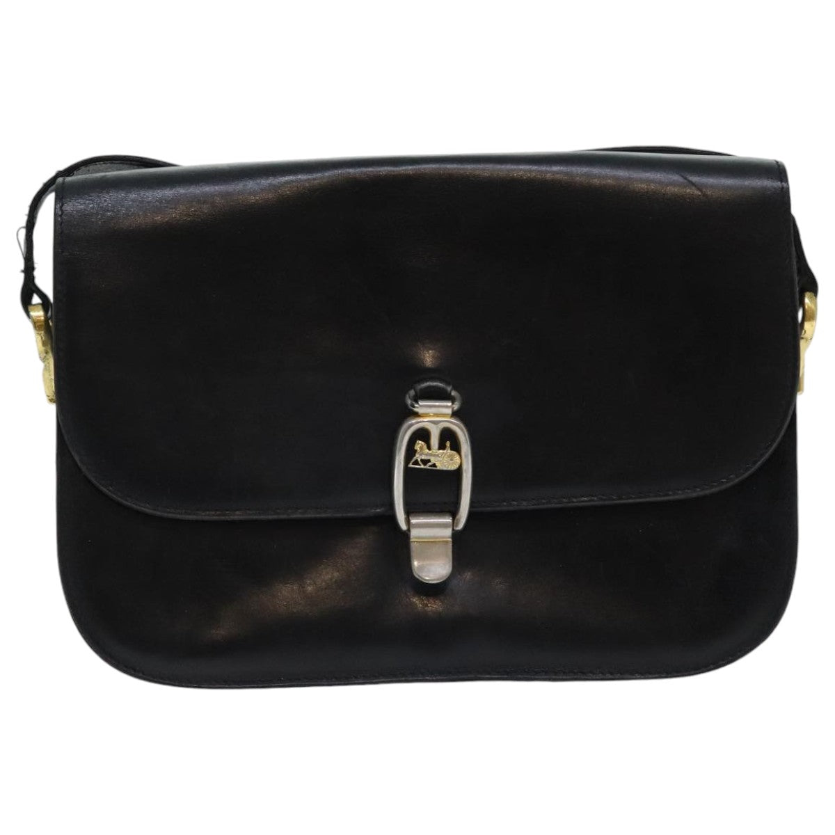 CELINE Shoulder Bag Leather Black Gold Auth bs18840