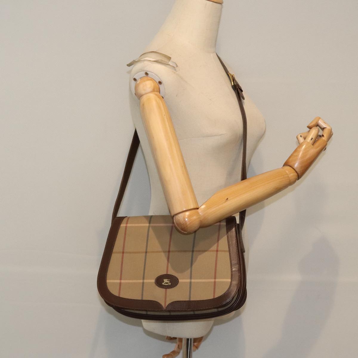 Burberrys Nova Check Shoulder Bag Canvas Leather Brown Gold Auth bs18848