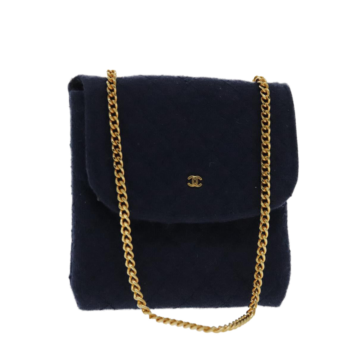 CHANEL Matelasse Chain Pouch Cotton Navy Gold CC Auth bs18850