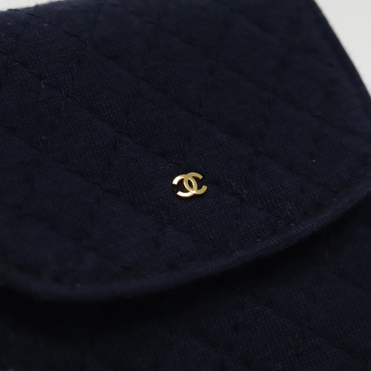 CHANEL Matelasse Chain Pouch Cotton Navy Gold CC Auth bs18850