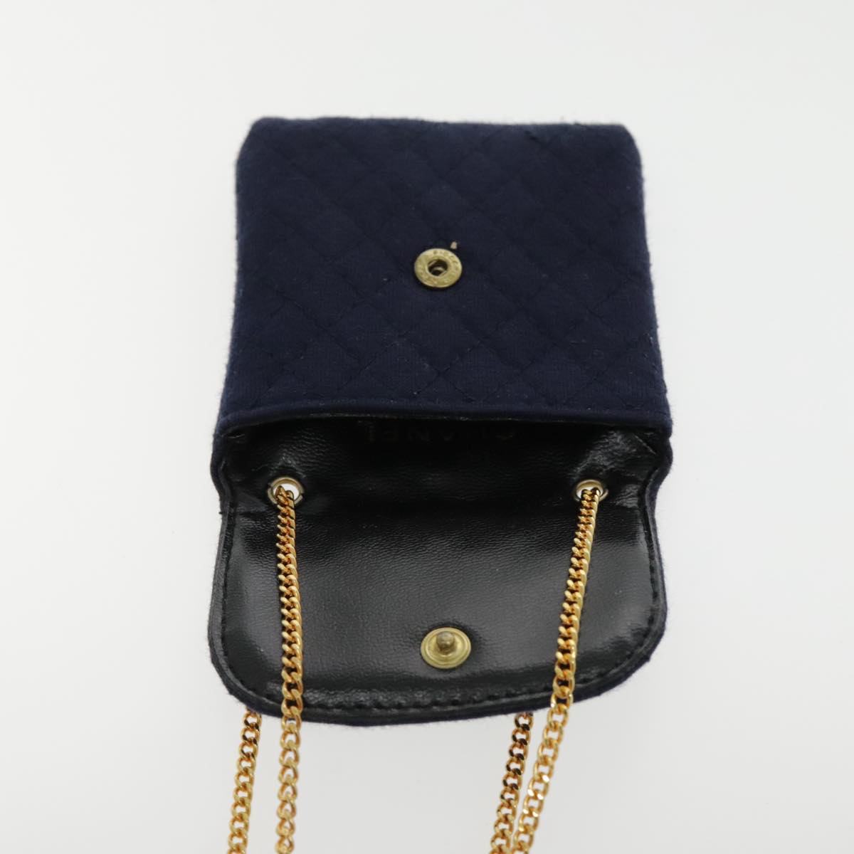 CHANEL Matelasse Chain Pouch Cotton Navy Gold CC Auth bs18850