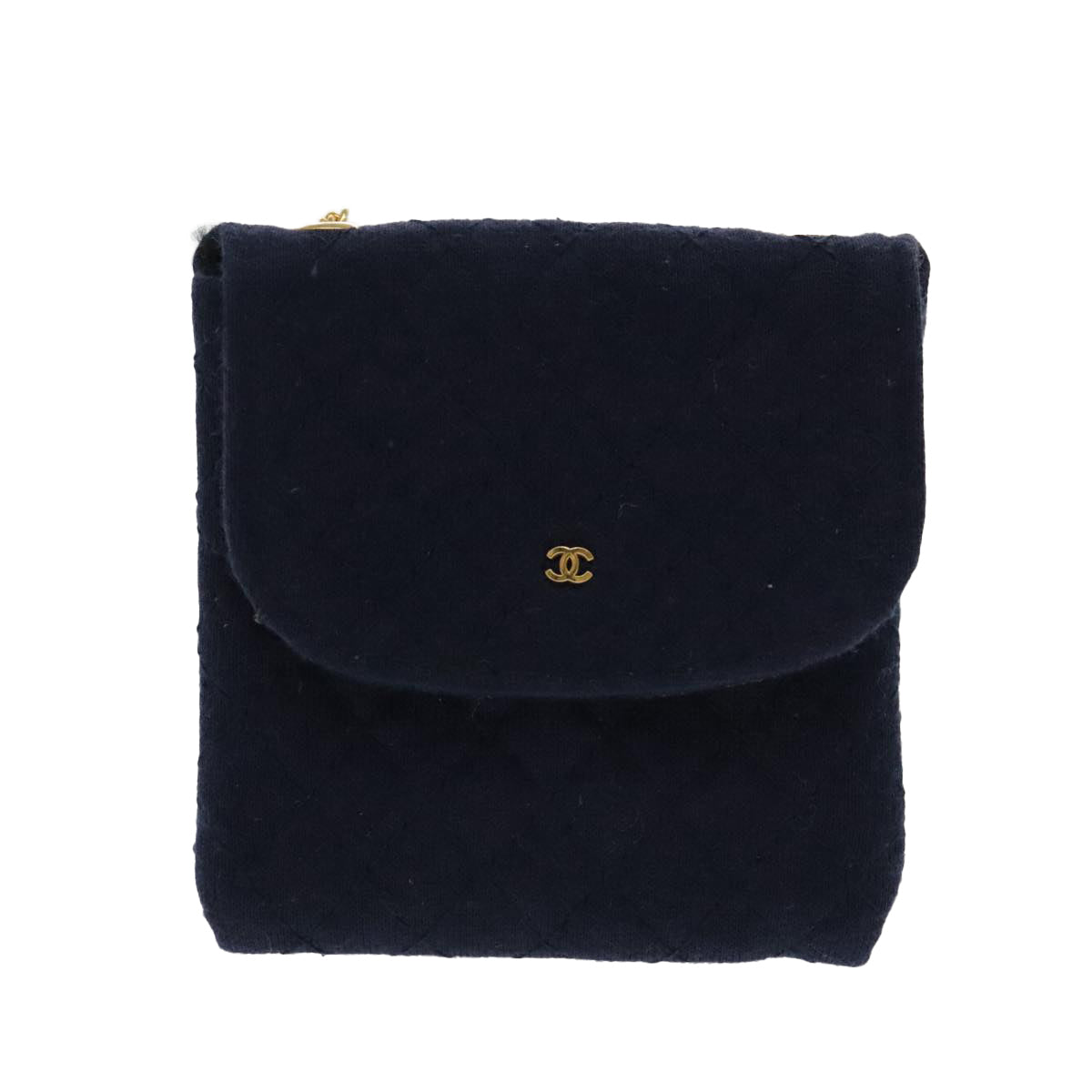 CHANEL Matelasse Chain Pouch Cotton Navy Gold CC Auth bs18850