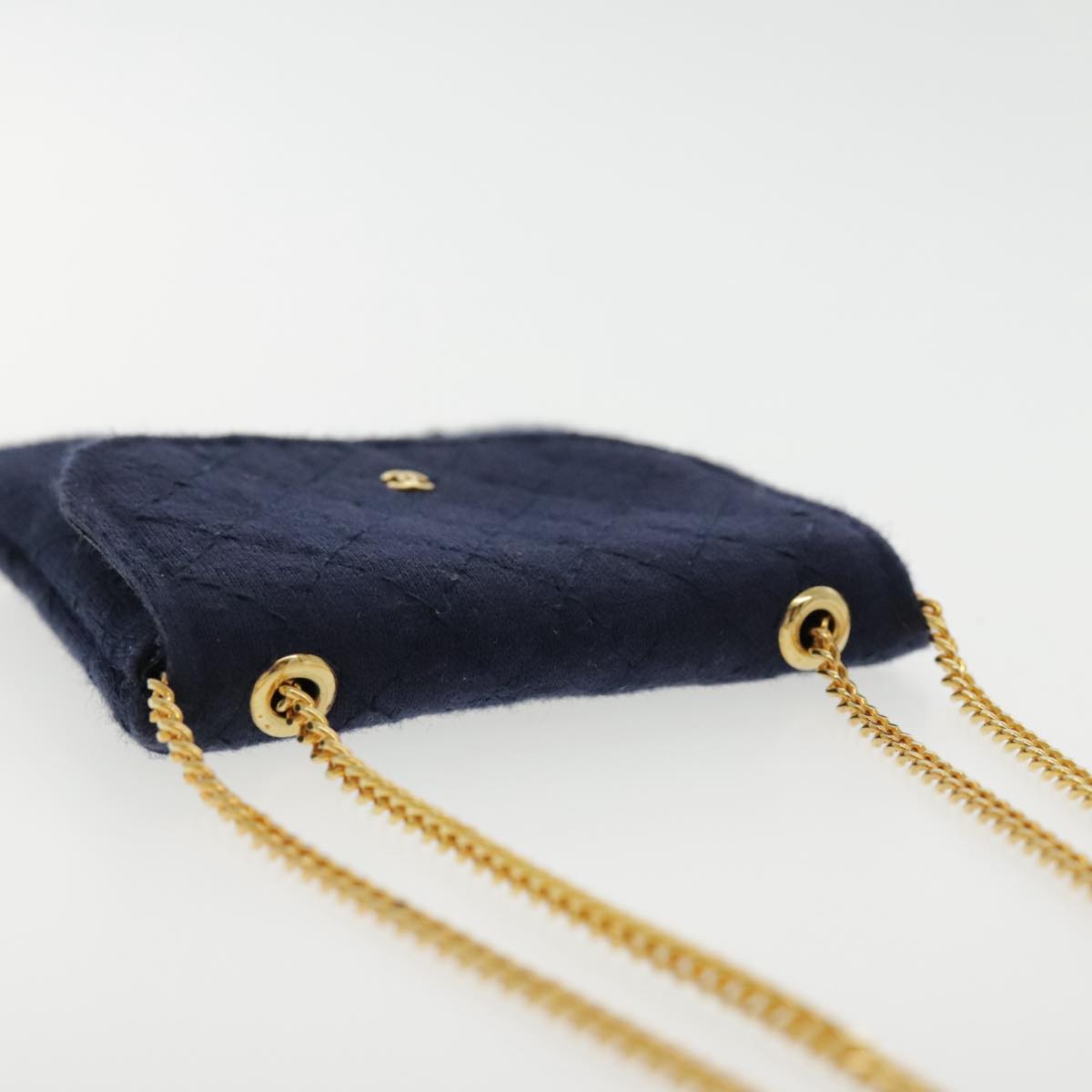 CHANEL Matelasse Chain Pouch Cotton Navy Gold CC Auth bs18850