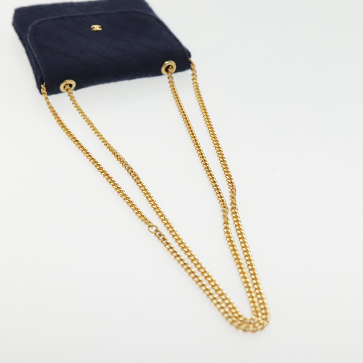 CHANEL Matelasse Chain Pouch Cotton Navy Gold CC Auth bs18850