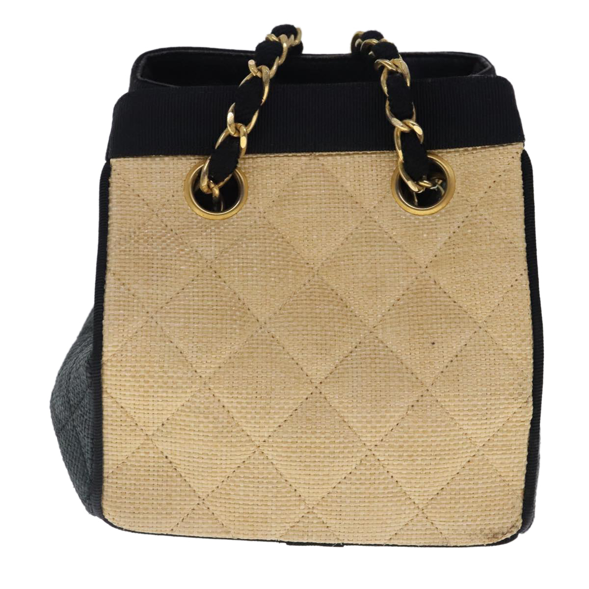 CHANEL Hand Bag straw Beige Black CC Auth bs18882