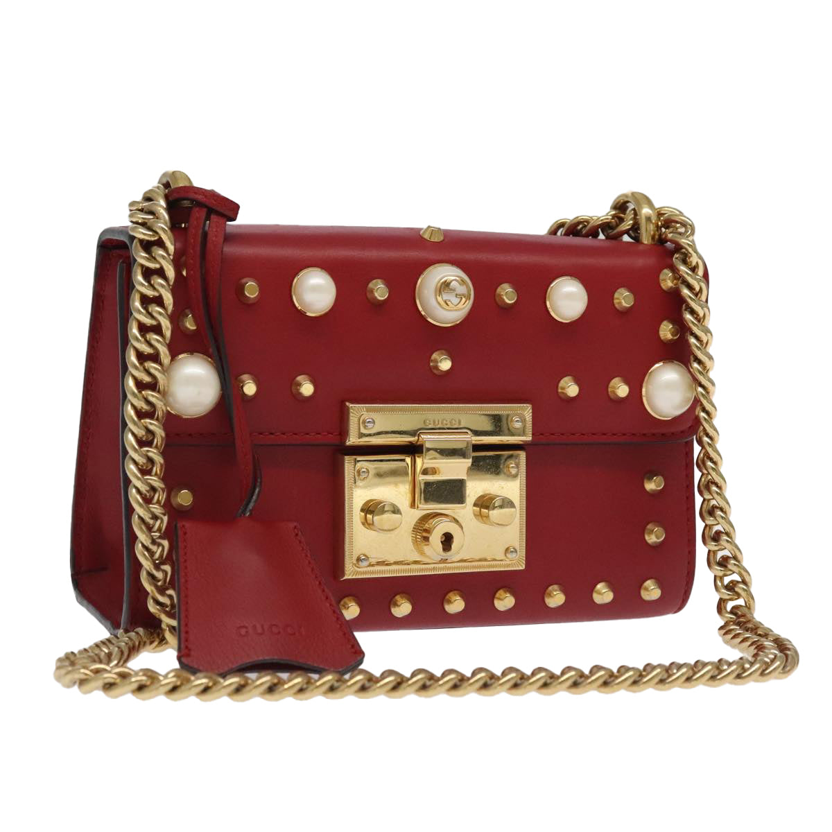 GUCCI Padlock Chain Shoulder Bag Leather Red Gold 432182 Auth bs18902A