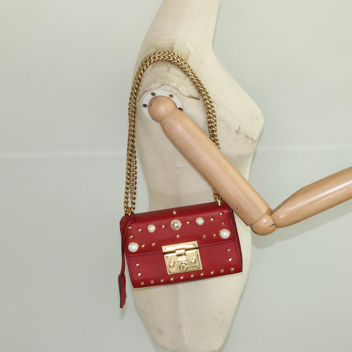 GUCCI Padlock Chain Shoulder Bag Leather Red Gold 432182 Auth bs18902A