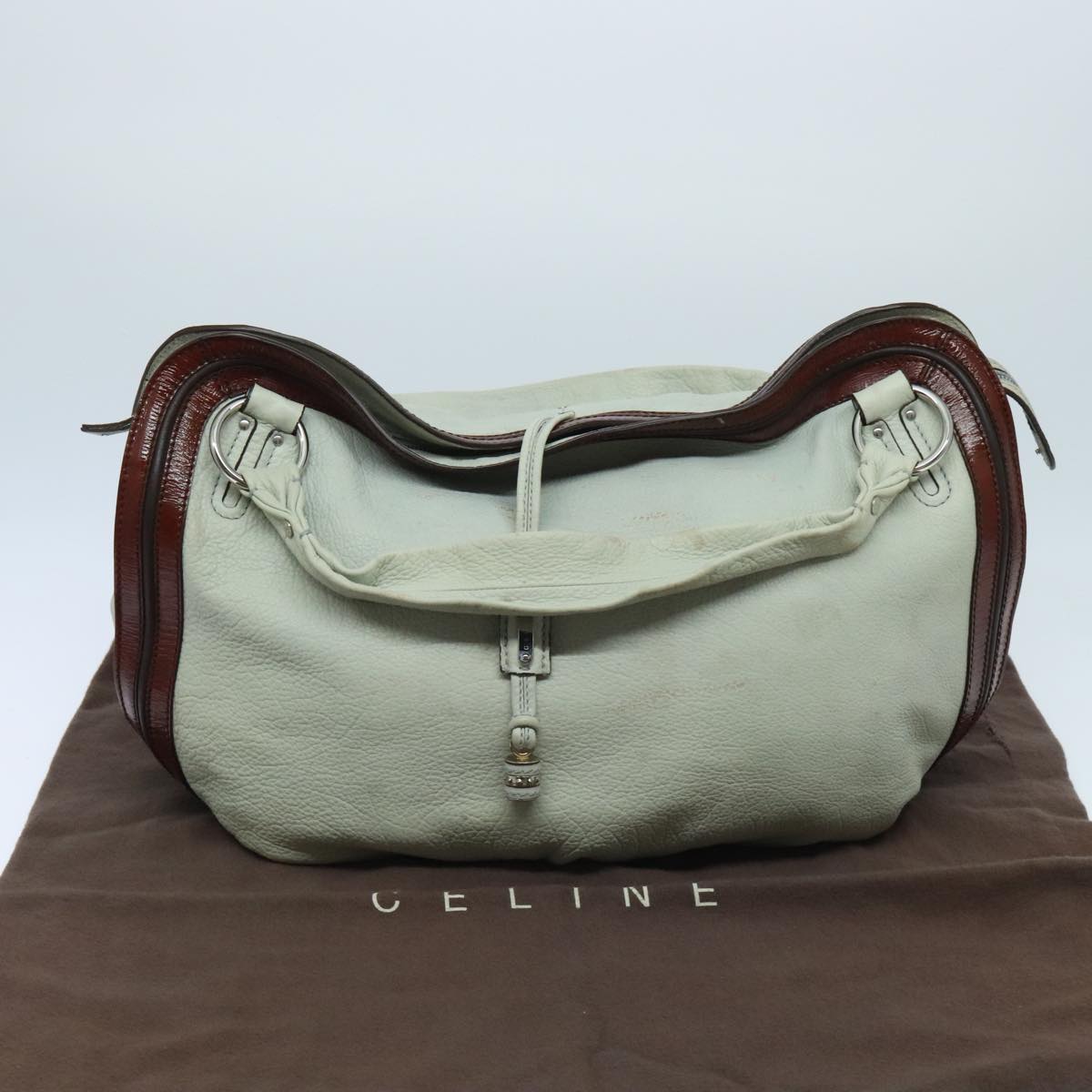 CELINE Shoulder Bag Leather White Brown Auth bs18904