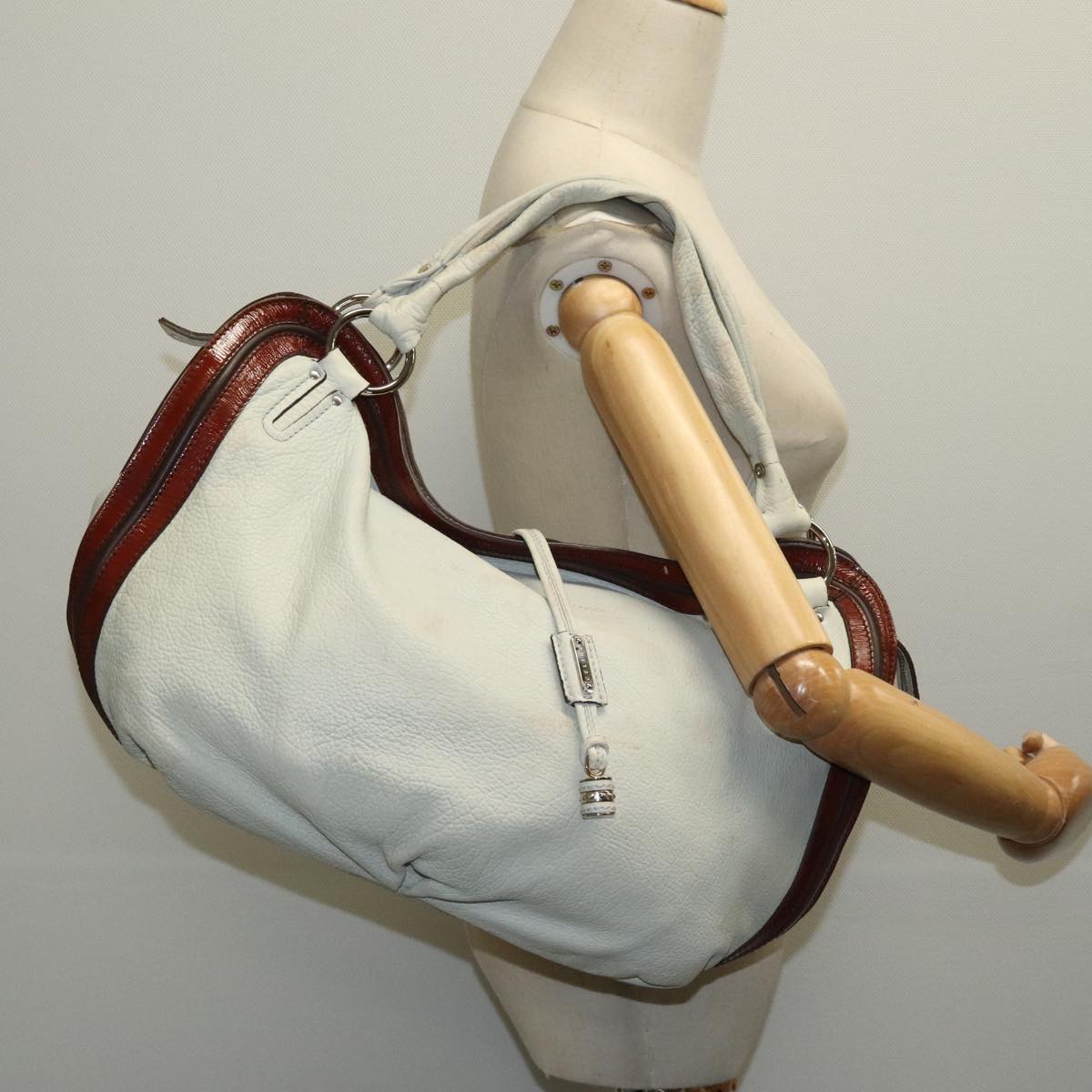 CELINE Shoulder Bag Leather White Brown Auth bs18904