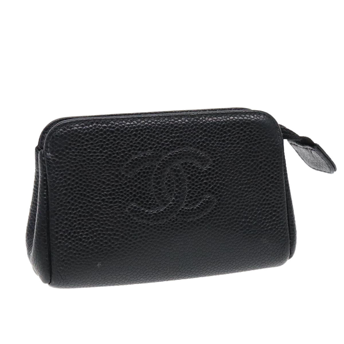 CHANEL COCO Mark Pouch Caviar Skin Black Gold CC Auth bs18948