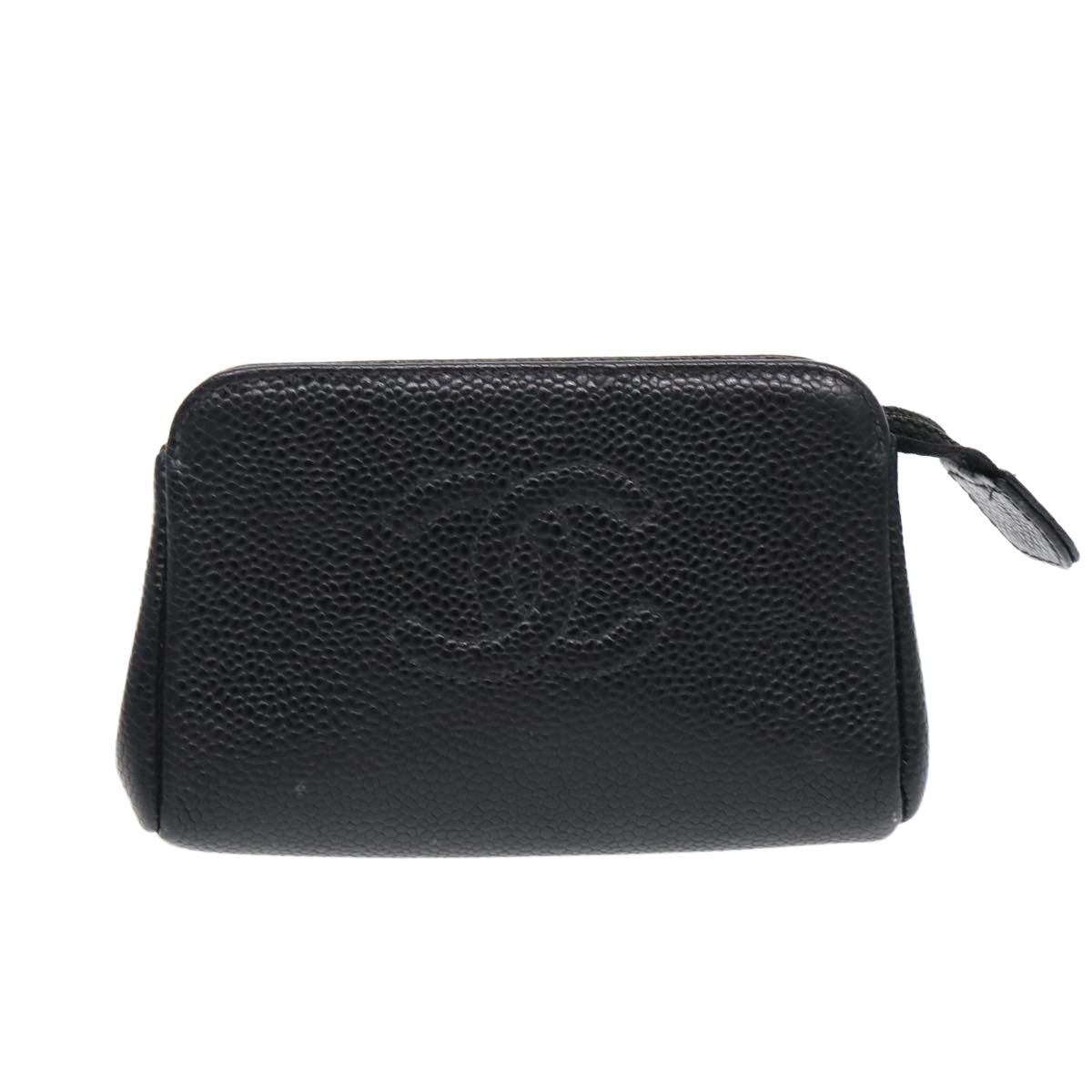 CHANEL COCO Mark Pouch Caviar Skin Black Gold CC Auth bs18948