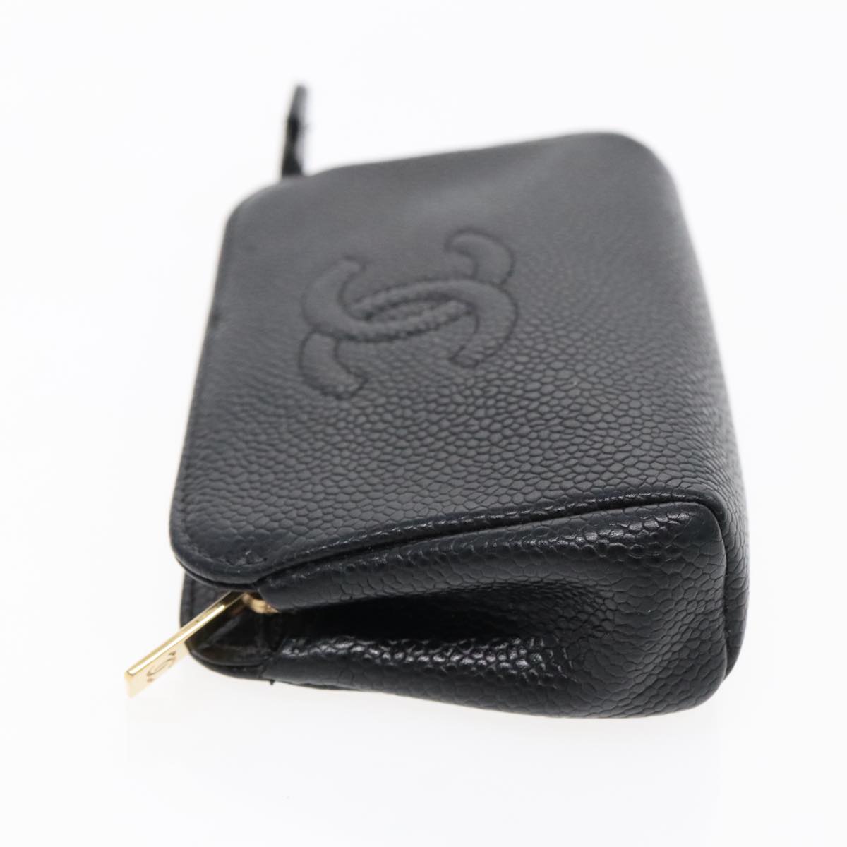 CHANEL COCO Mark Pouch Caviar Skin Black Gold CC Auth bs18948