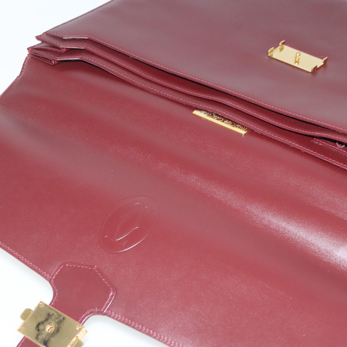 CARTIER Briefcase Leather Red Gold Auth bs18988