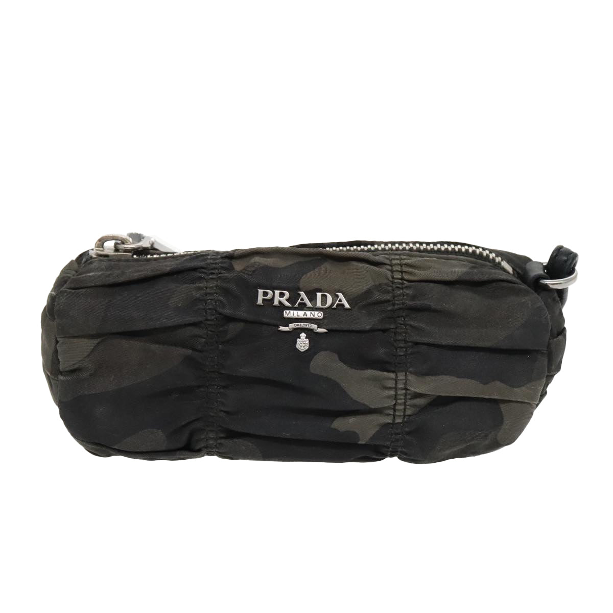 PRADA Pouch Nylon Black Silver khaki Auth bs19007