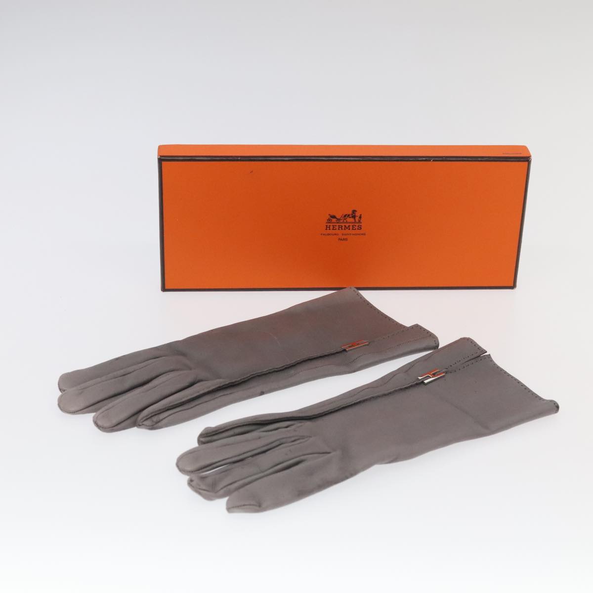 HERMES Gloves Leather Gray Auth bs19011