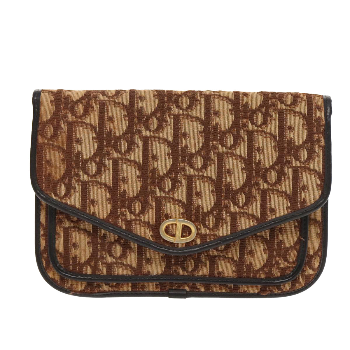 Christian Dior Trotter Canvas Pouch Brown Gold Auth bs19035