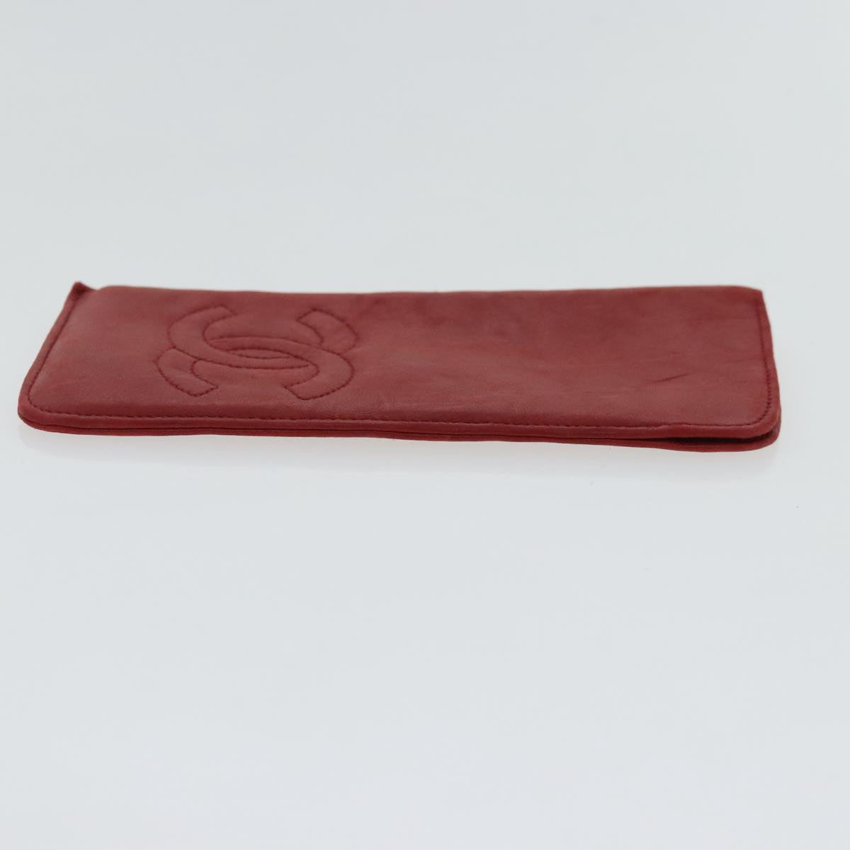 CHANEL Sunglass Case Leather Red CC Auth bs19060