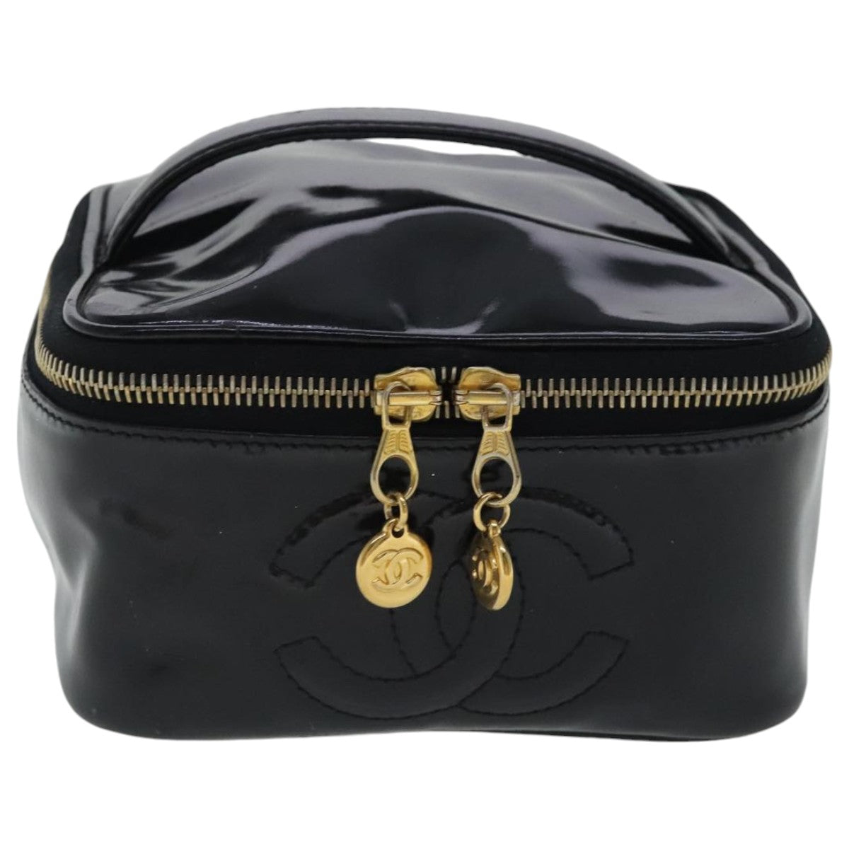 CHANEL Vanity Cosmetic Pouch Patent leather Black Gold CC Auth bs19117