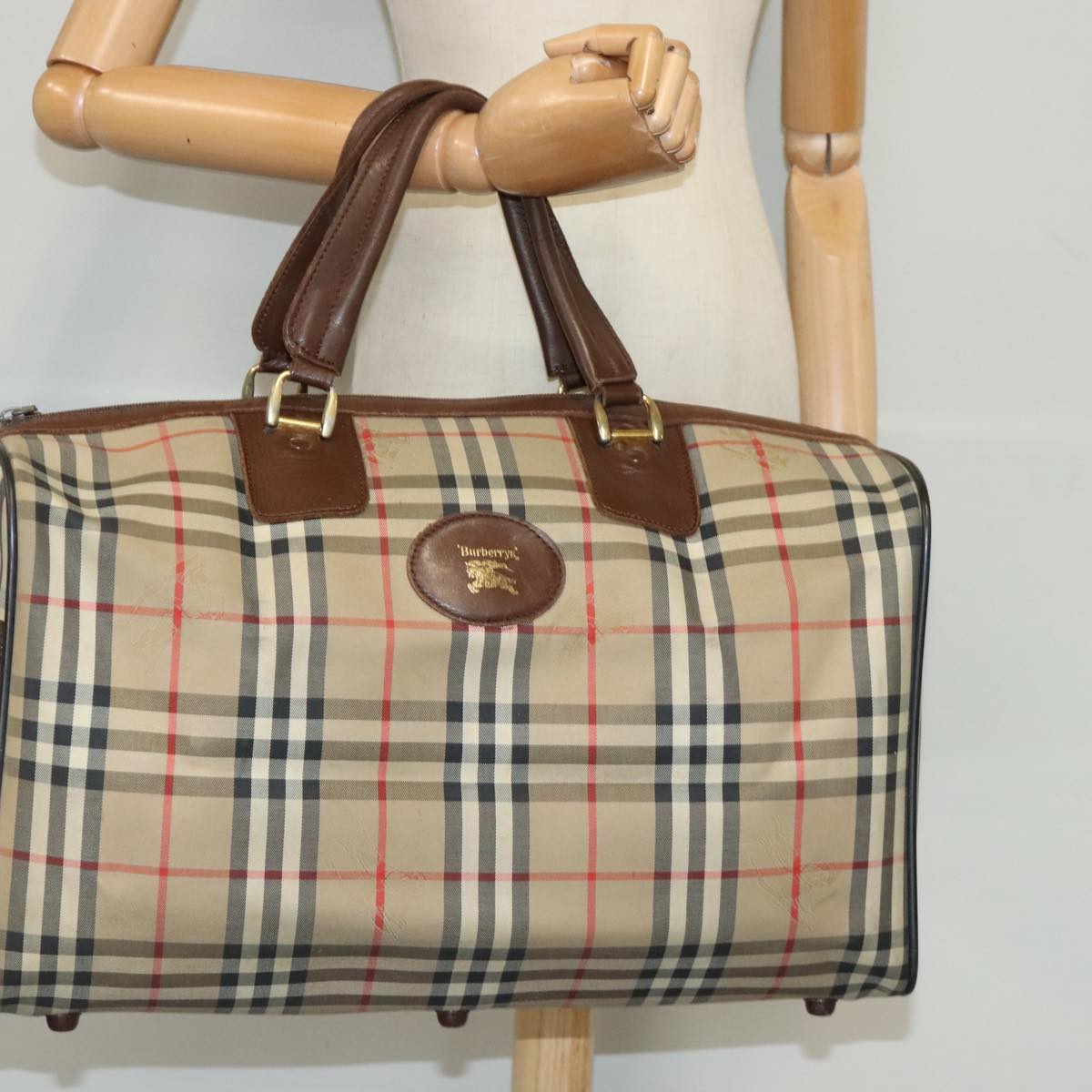 Burberrys Nova Check Boston Bag Canvas Beige Auth bs19159