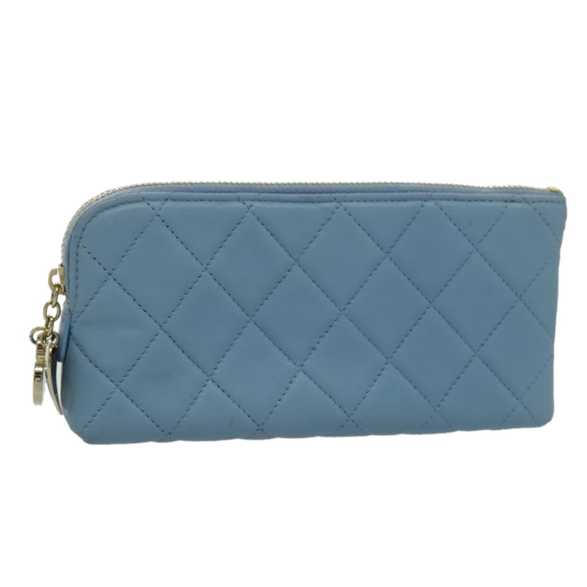 CHANEL Pouch Lamb Skin Light Blue Gold CC Auth bs19170