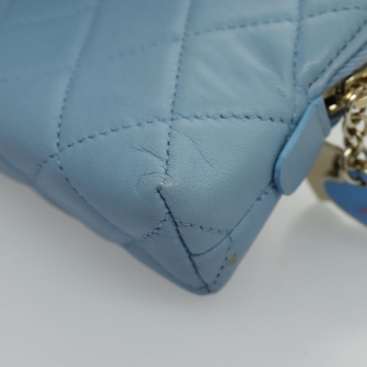 CHANEL Pouch Lamb Skin Light Blue Gold CC Auth bs19170