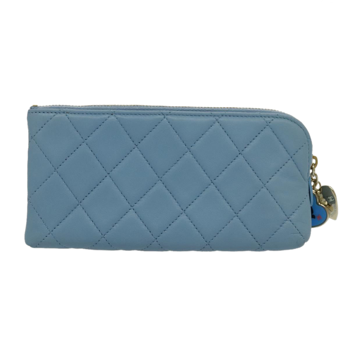 CHANEL Pouch Lamb Skin Light Blue Gold CC Auth bs19170