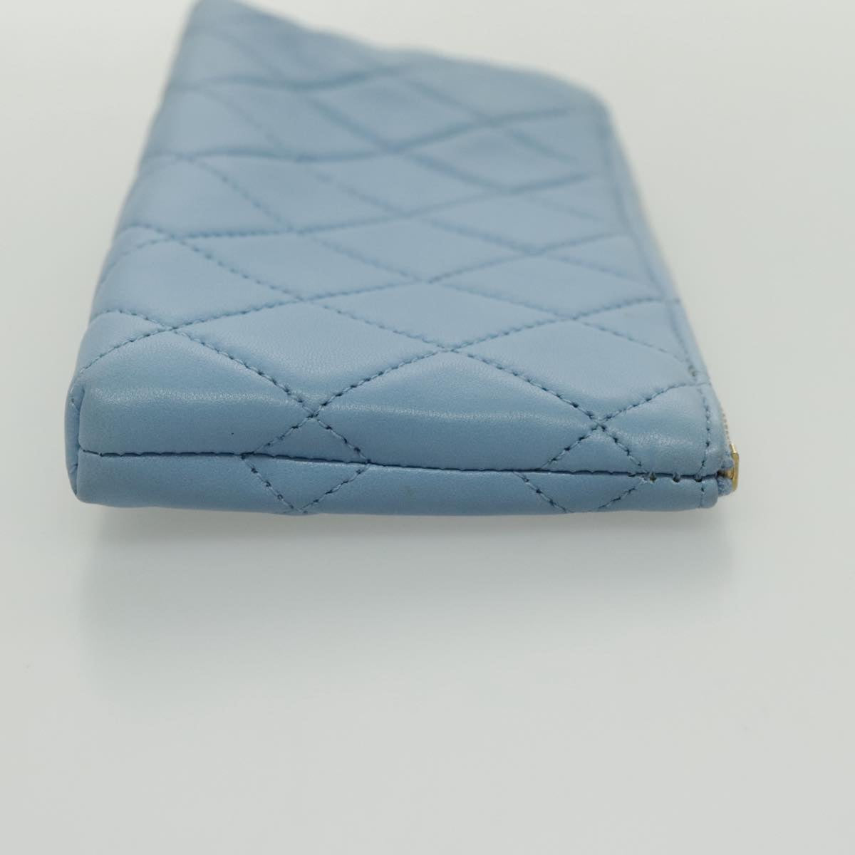 CHANEL Pouch Lamb Skin Light Blue Gold CC Auth bs19170