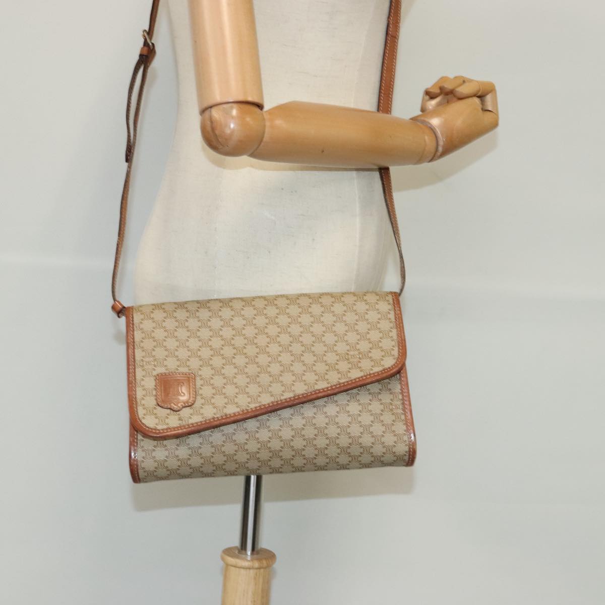 CELINE Macadam Canvas Shoulder Bag Beige Gold Auth bs19224