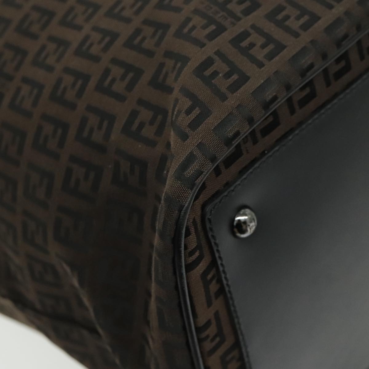 FENDI Zucchino Canvas Boston Bag Dark Brown Black Silver Auth bs19297