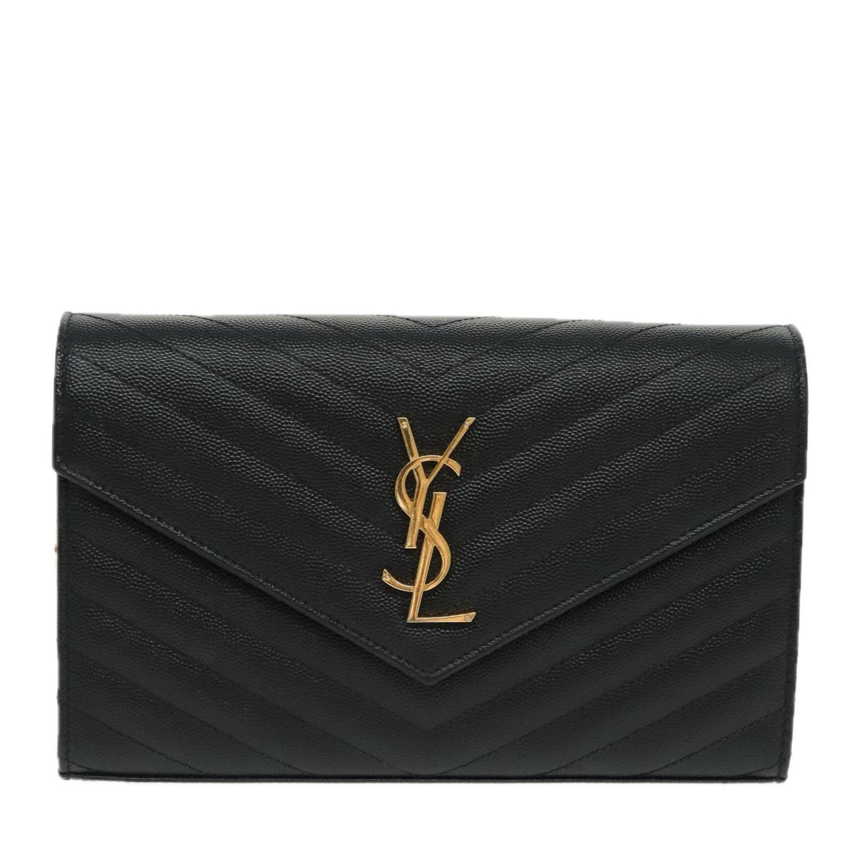 SAINT LAURENT V Stitch Chain Long Wallet Leather Black Gold Auth bs19416A