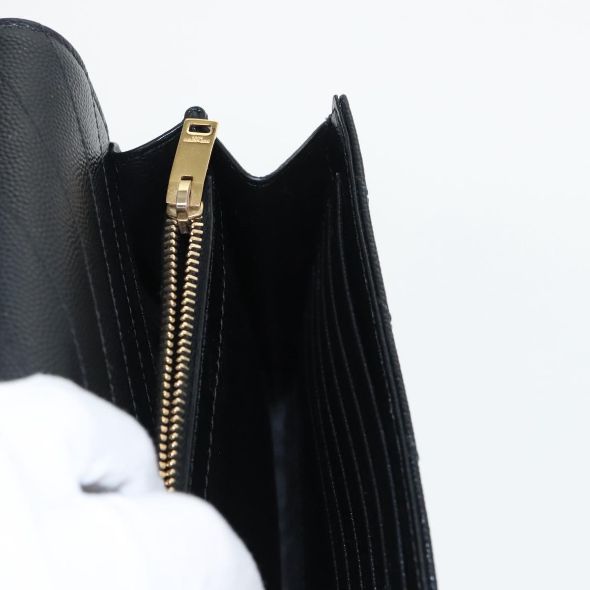 SAINT LAURENT V Stitch Chain Long Wallet Leather Black Gold Auth bs19416A