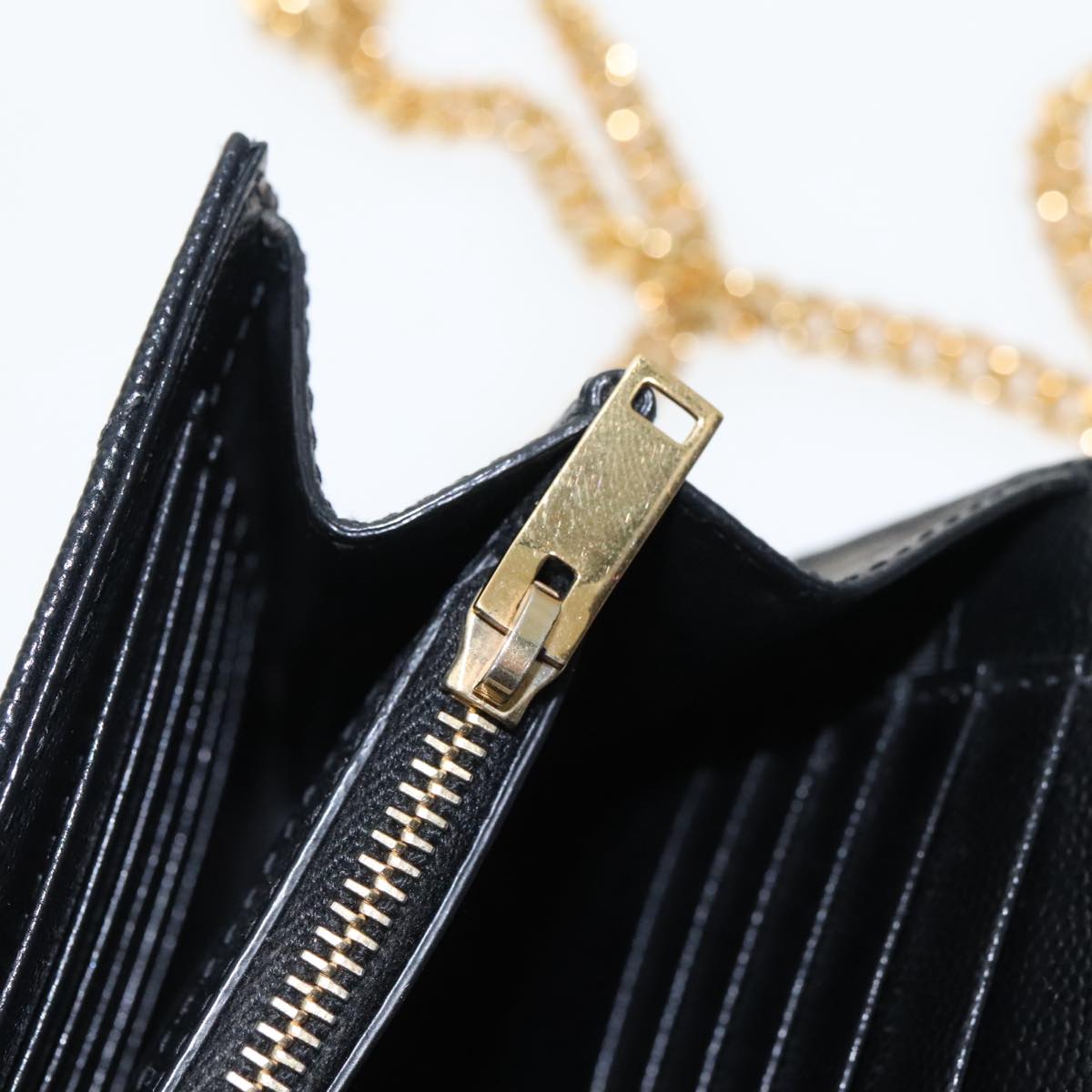SAINT LAURENT V Stitch Chain Long Wallet Leather Black Gold Auth bs19416A