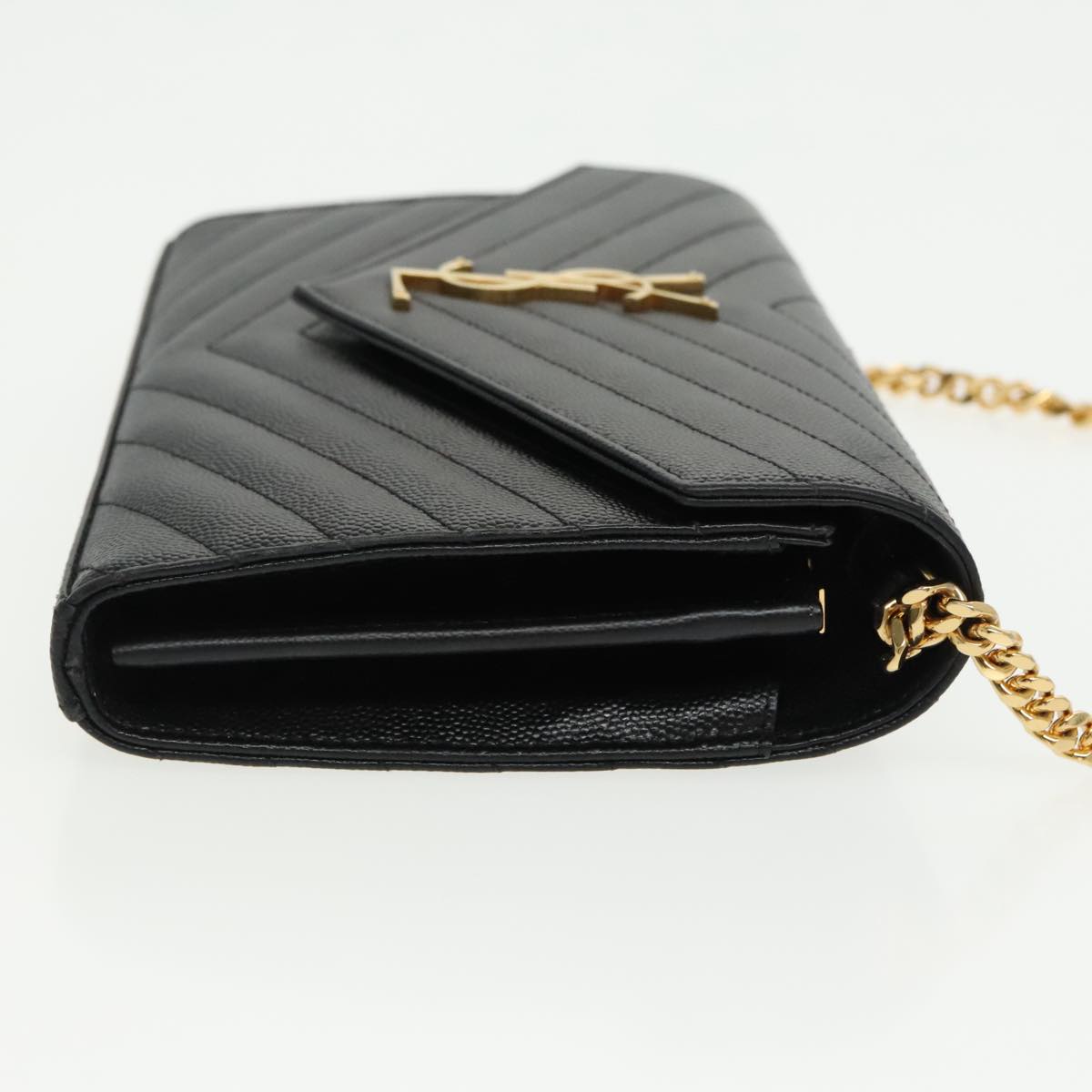 SAINT LAURENT V Stitch Chain Long Wallet Leather Black Gold Auth bs19416A