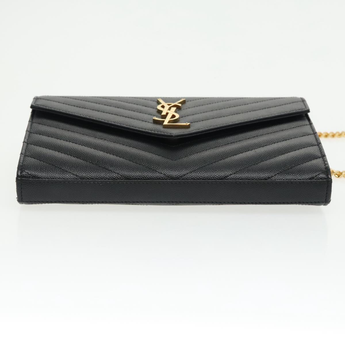 SAINT LAURENT V Stitch Chain Long Wallet Leather Black Gold Auth bs19416A