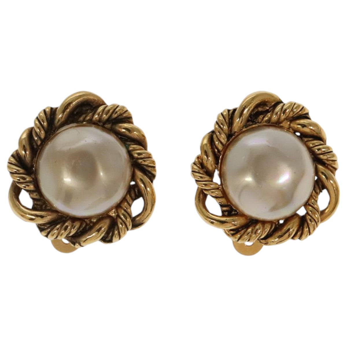 CHANEL Pearl Earring metal Gold Tone CC Auth bs19423