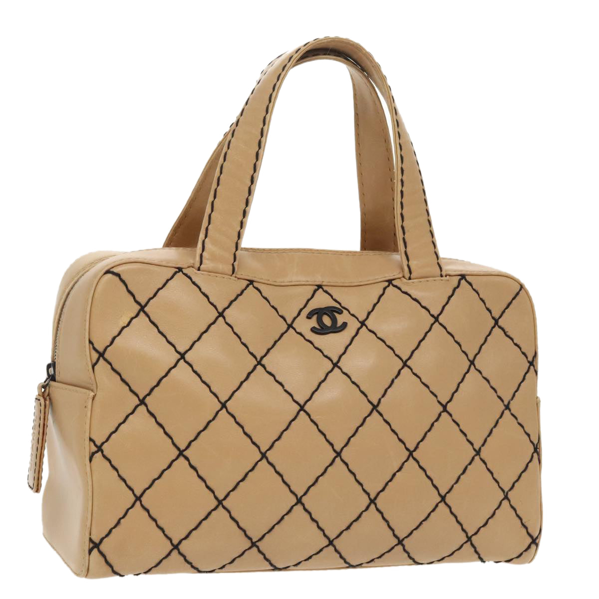 CHANEL Matelasse Wild Stitch Hand Bag Leather Beige CC Auth bs19424