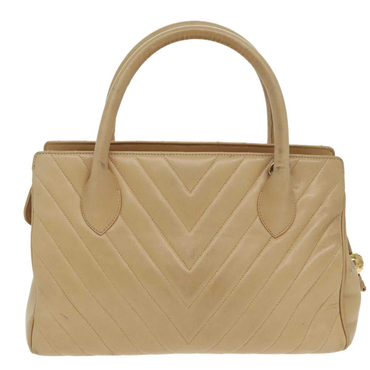 CHANEL V Stitch Hand Bag Leather 2way Beige Gold CC Auth bs19426