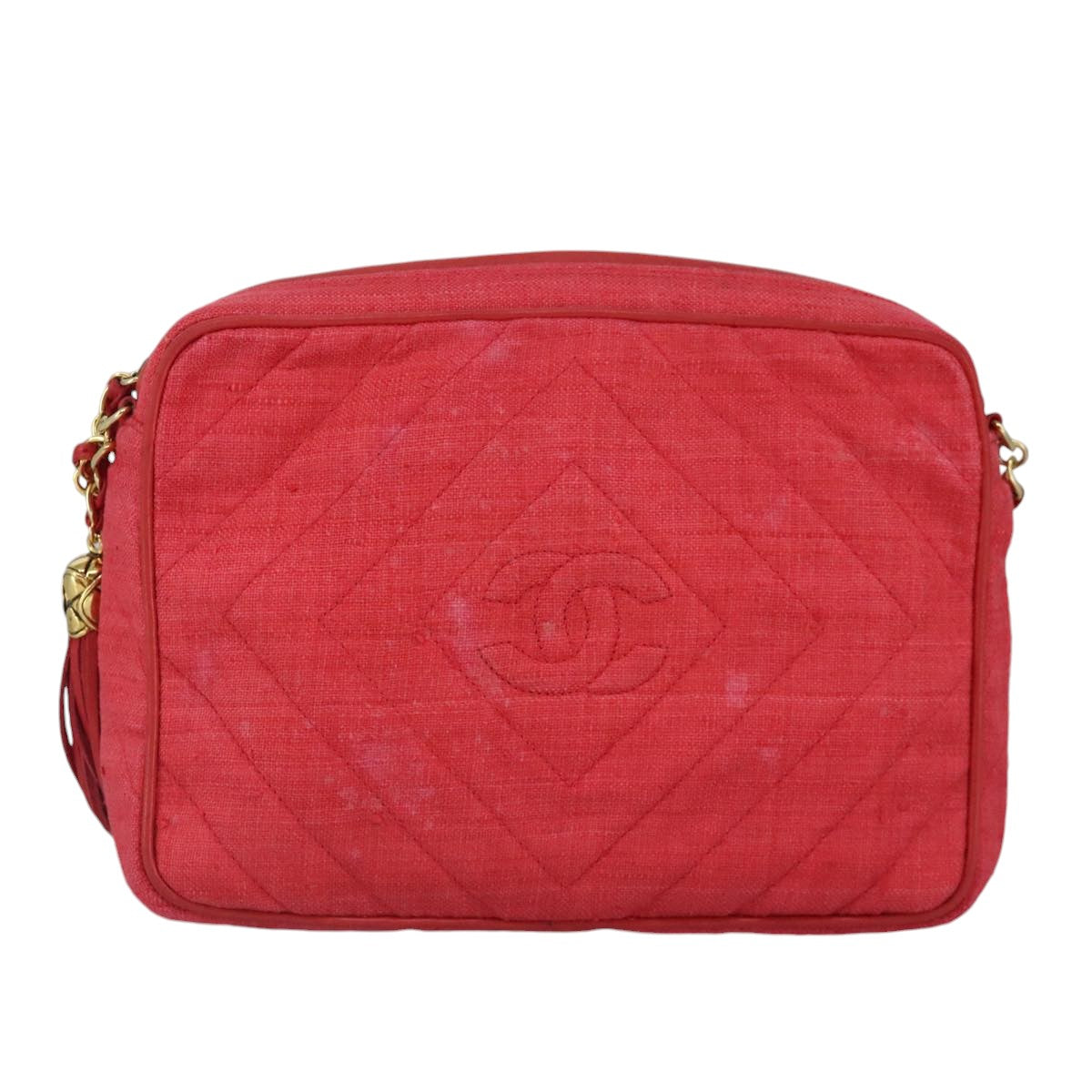 CHANEL Chain Shoulder Bag Canvas Red Gold CC Auth bs19429